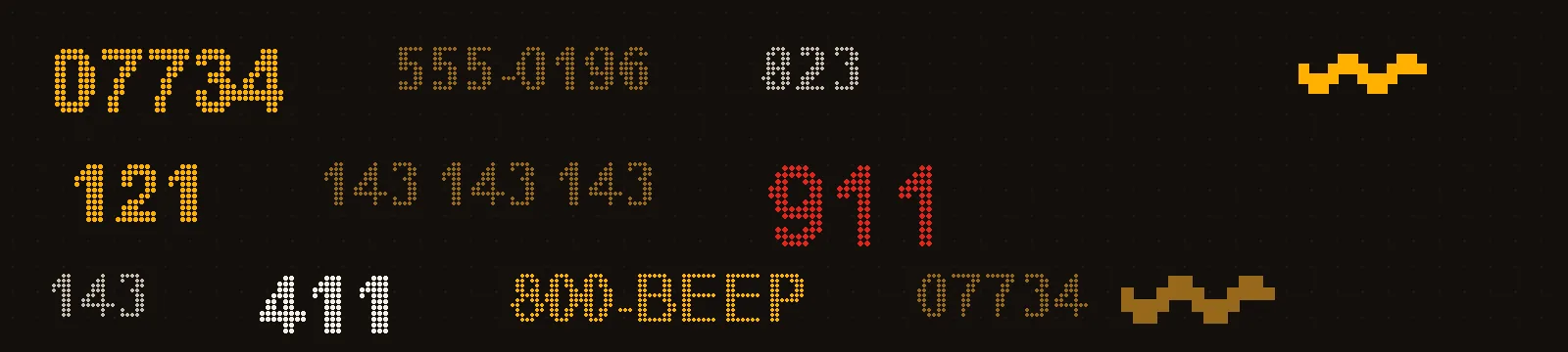 A dark band of dot-matrix pager codes in amber phosphor, including 07734, 143, 411 and a red 911, with small staircase wave motifs.